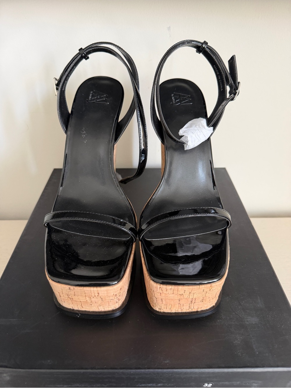 Patent Black Platform Sandals with Cork Sole
